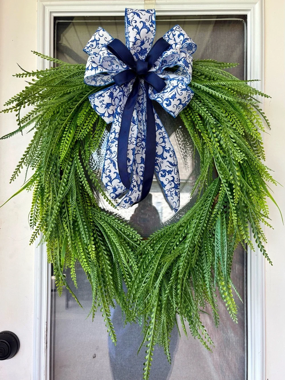 Handmade Bead Grass Wreath with Blue Floral Bow Home Decor